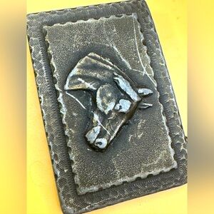 Heavy bronzed metal horse belt buckle